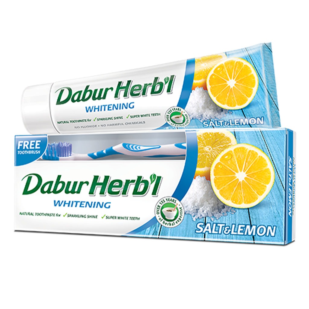 Dabur Herbal Whitening Toothpaste Salt & Lemon 150 g + Toothbrush PROMO PACK - Easy Pharmacy LLC