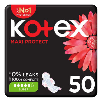 Kotex Maxi Protect Thick Sanitary Pads with Wings, Super, 50 Pads