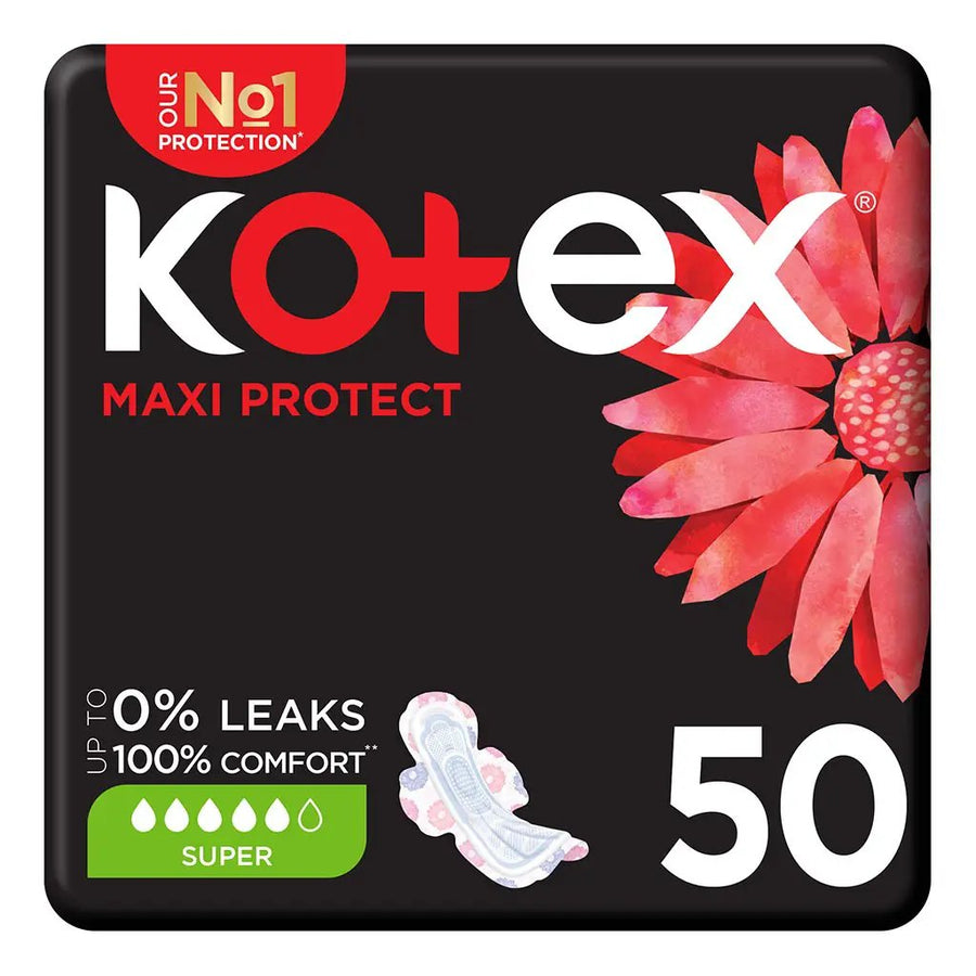 Kotex Maxi Protect Thick Sanitary Pads with Wings, Super, 50 Pads