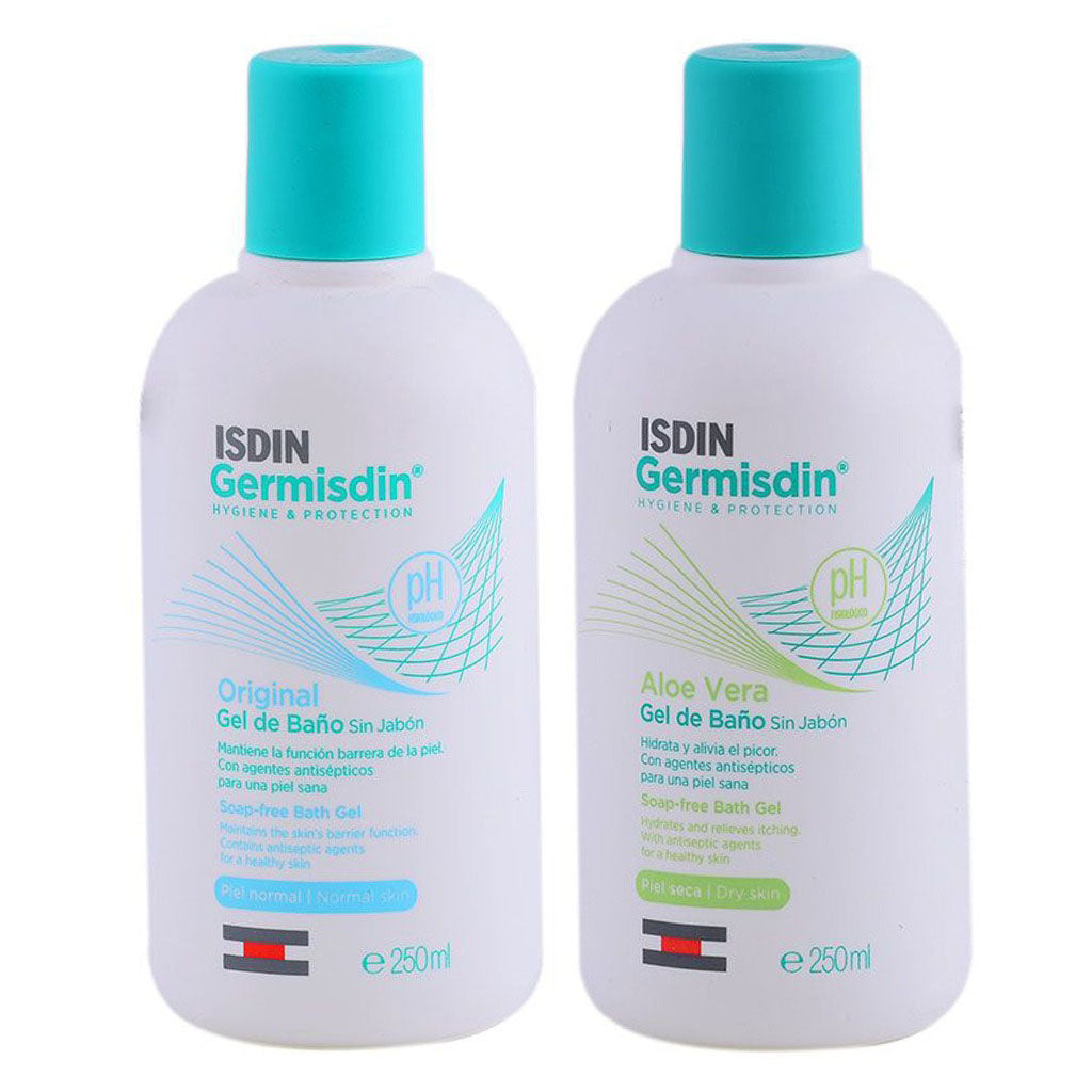 Isdin Germisdin Aloe Vera Soap-Free Bath Gel For Dry Skin 250ml + Original Soap-Free Bath Gel For Normal Skin 250ml PROMO PACK - Easy Pharmacy LLC