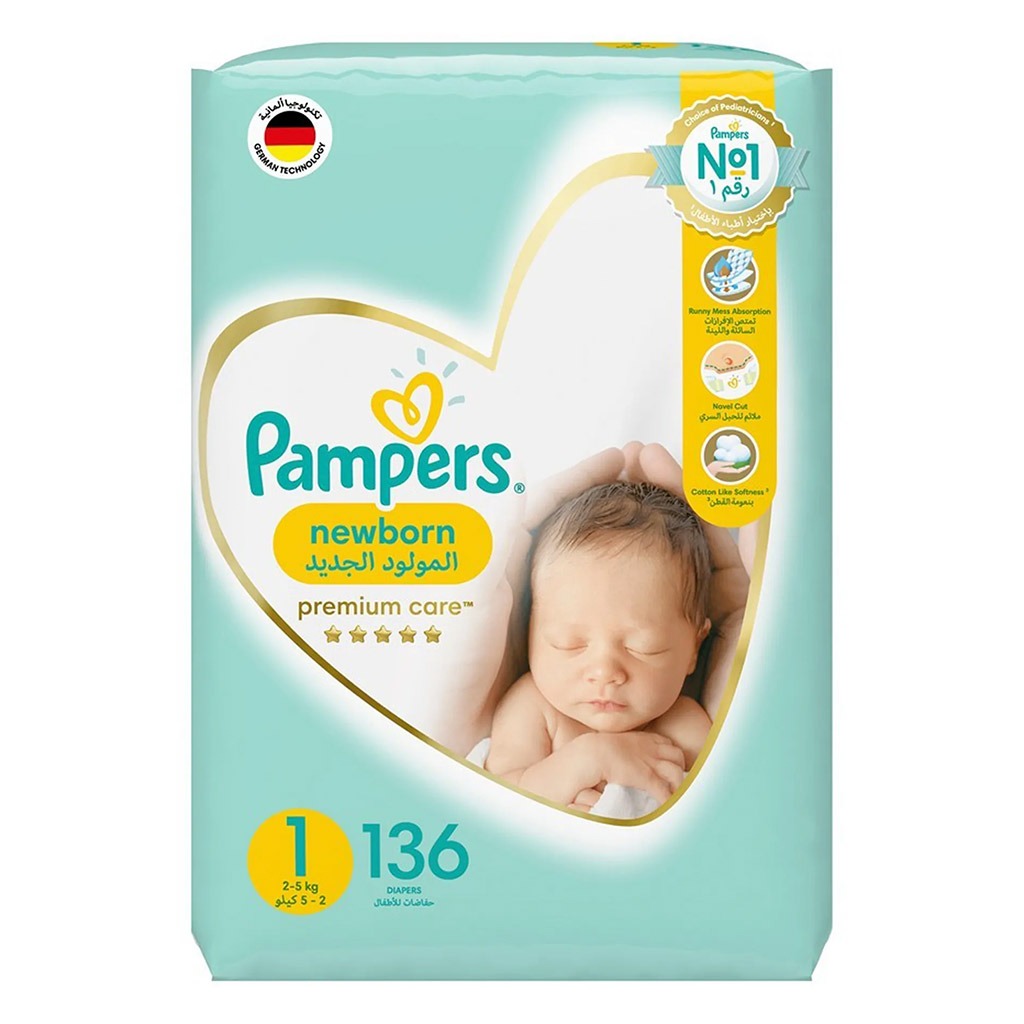 Pampers Premium Care Newborn Diapers, Size 1, 2-5Kg, Pack of 136's - Easy Pharmacy LLC