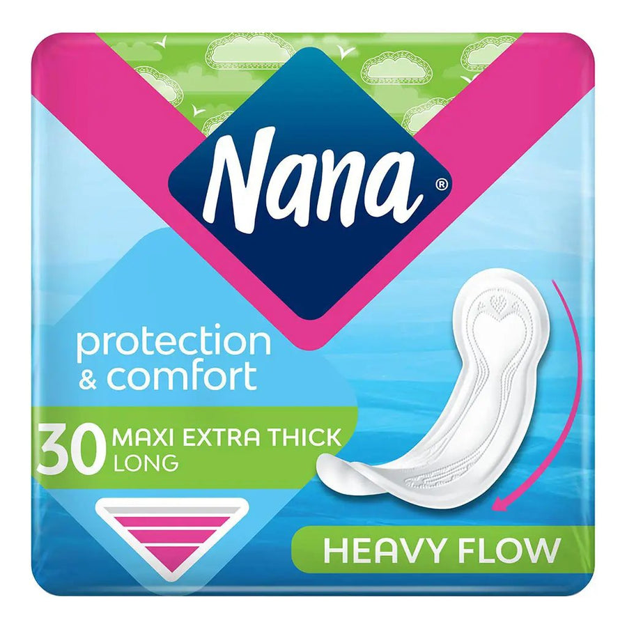 Nana Maxi Extra Thick Long Sanitary Pads with Wings for Heavy Flow, 30 Pads