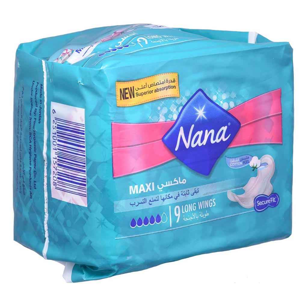 Nana Protection & Comfort Maxi Thick Long Sanitary Pads with Wings For Heavy Flow 9's - Easy Pharmacy LLC