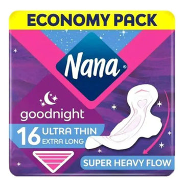 Nana Goodnight Ultra Thin Extra Long Sanitary Pads with Wings for Super Heavy Flow, 16 Pads