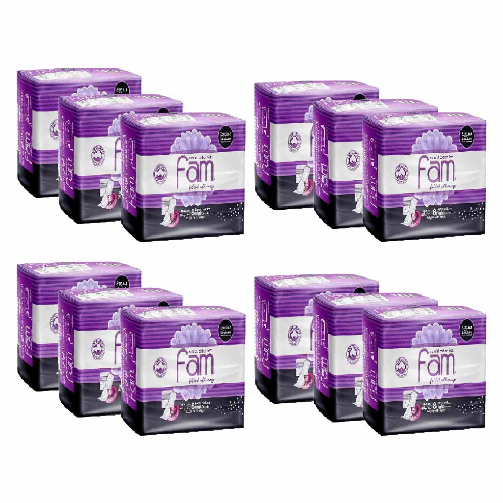Fam Maxi Thick Natural Cotton Feel Night Sanitary Pads With Wings, Pack of 8 x 12’s - Easy Pharmacy LLC