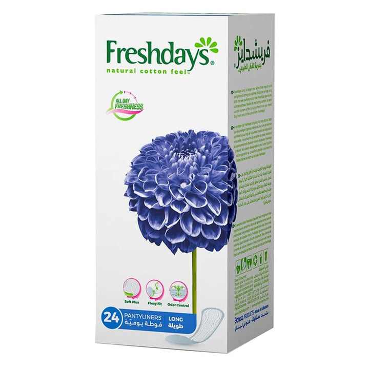 Freshdays Natural Cotton Feel Flexy Fit Odour Control Long Pantyliners, Pack of 24 x 12’s - Easy Pharmacy LLC