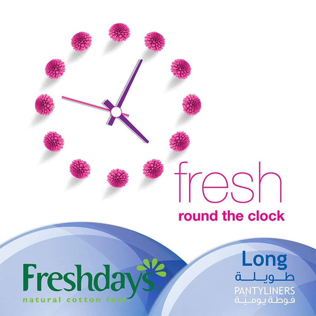 Freshdays Natural Cotton Feel Flexy Fit Odour Control Long Pantyliners, Pack of 24 x 12’s - Easy Pharmacy LLC