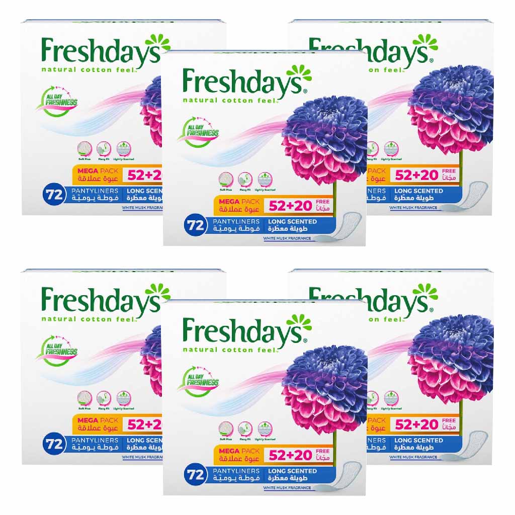Freshdays Natural Cotton Feel Flexy Fit Odour Control Long Scented Pantyliners, Pack of 72 x 6's - Easy Pharmacy LLC
