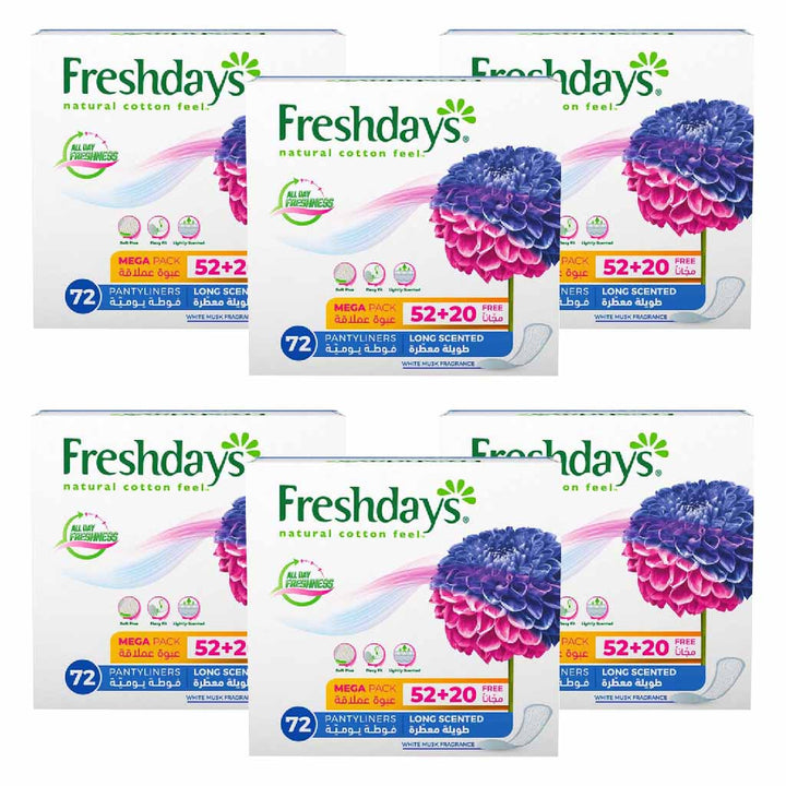 Freshdays Natural Cotton Feel Flexy Fit Odour Control Long Scented Pantyliners, Pack of 72 x 6's - Easy Pharmacy LLC