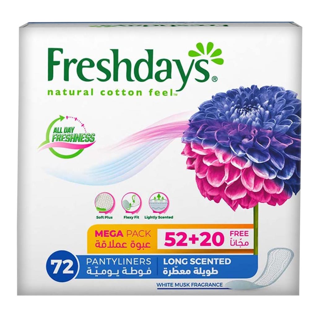 Freshdays Natural Cotton Feel Flexy Fit Odour Control Long Scented Pantyliners, Pack of 72 x 6's - Easy Pharmacy LLC