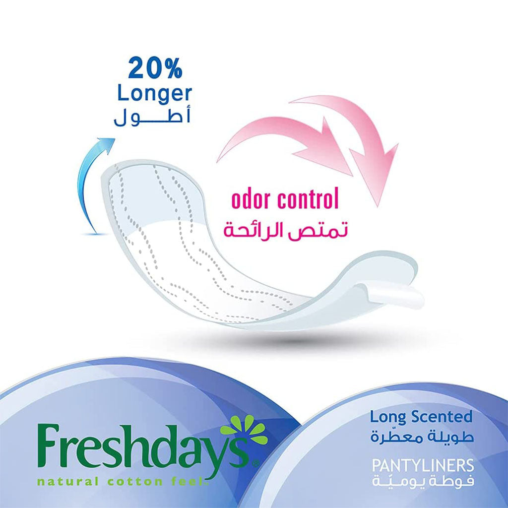 Freshdays Natural Cotton Feel Flexy Fit Odour Control Long Scented Pantyliners, Pack of 72 x 6's - Easy Pharmacy LLC