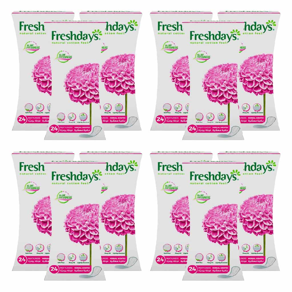 Freshdays Natural Cotton Feel Flexy Fit Odour Control Normal Scented Pantyliners, Pack of 24 x 12's - Easy Pharmacy LLC