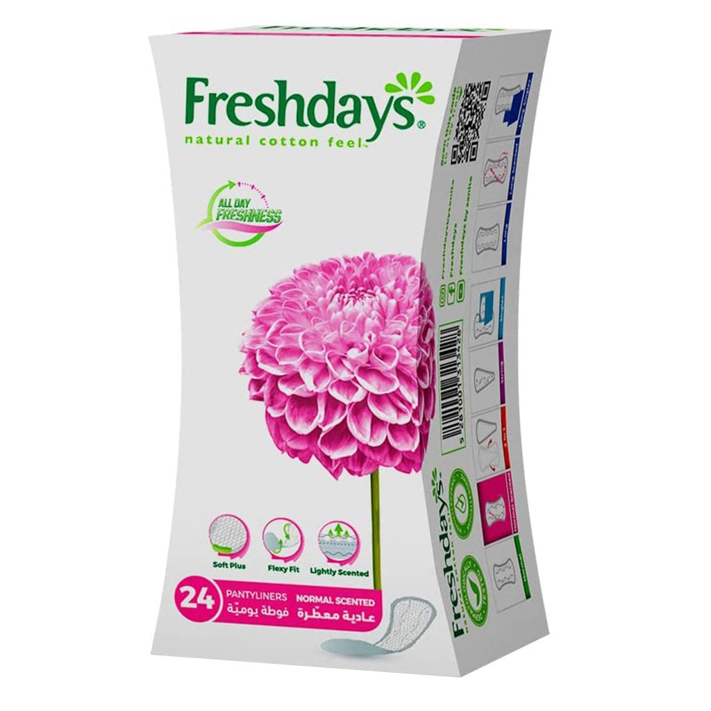 Freshdays Natural Cotton Feel Flexy Fit Odour Control Normal Scented Pantyliners, Pack of 24 x 12's - Easy Pharmacy LLC