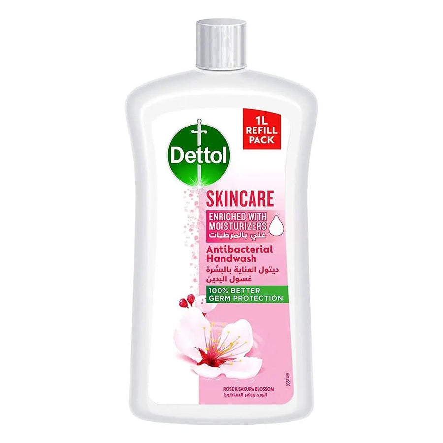 Dettol Skincare Antibacterial Hand Wash with Moisturisers, Rose & Sakura Blossom Refill, 1 Litre