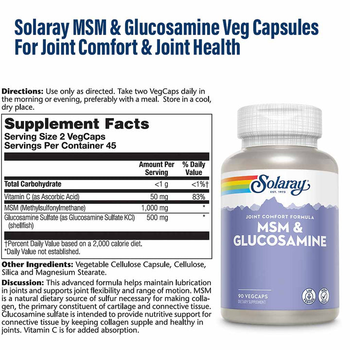 Solaray MSM & Glucosamine Veg Capsules For Joint Comfort & Joint Health 90's - Easy Pharmacy LLC