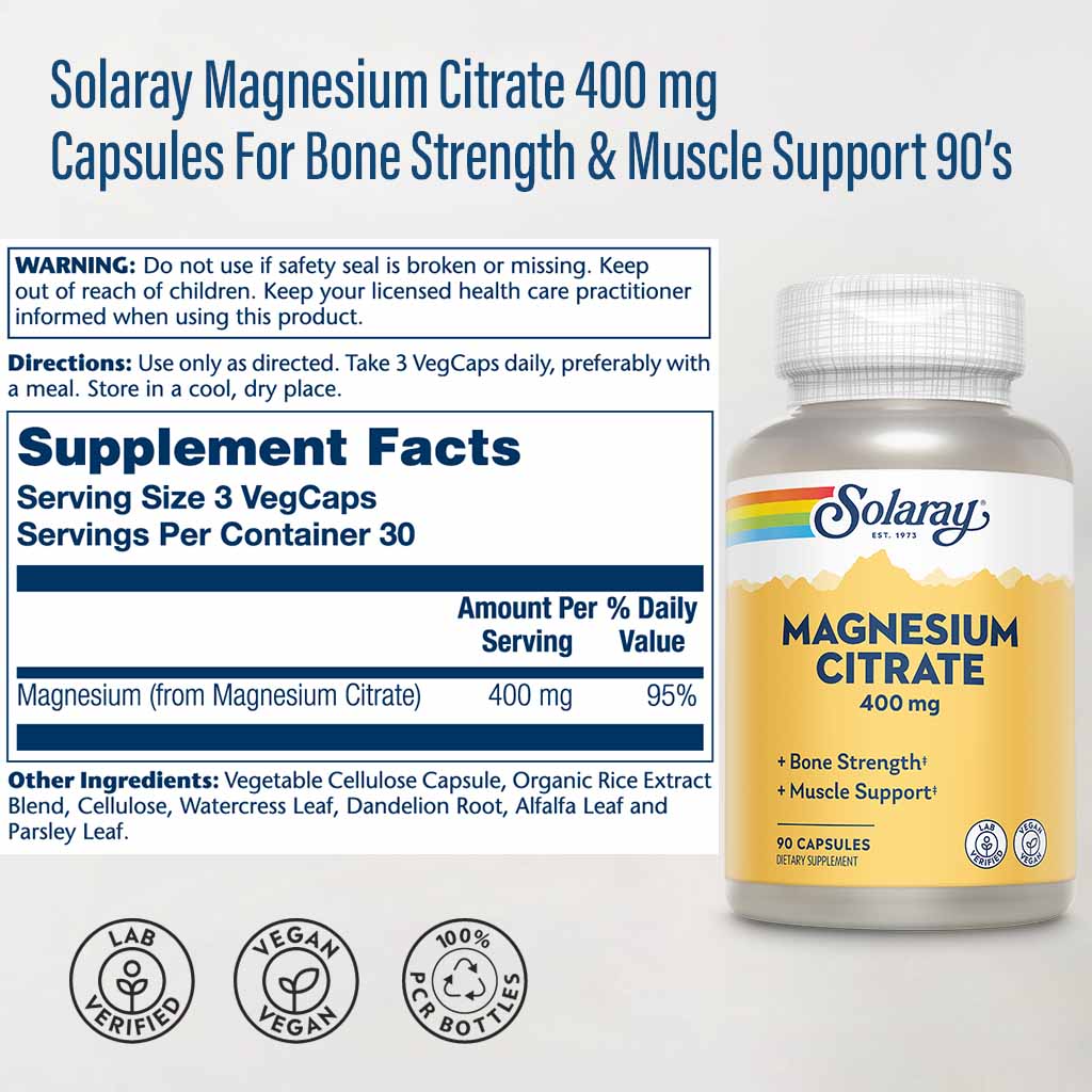 Solaray Magnesium Citrate 400 mg Capsules For Bone Strength & Muscle Support 90’s - Easy Pharmacy LLC