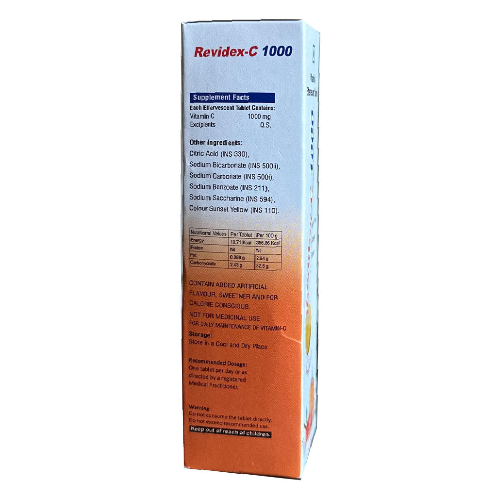 Revidex C 1000mg Vitamin C Effervescent Tablet, Sugar Free For Immune Support, Pack of 20's - Easy Pharmacy LLC
