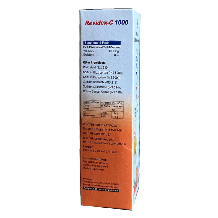 Revidex C 1000mg Vitamin C Effervescent Tablet, Sugar Free For Immune Support, Pack of 20's - Easy Pharmacy LLC