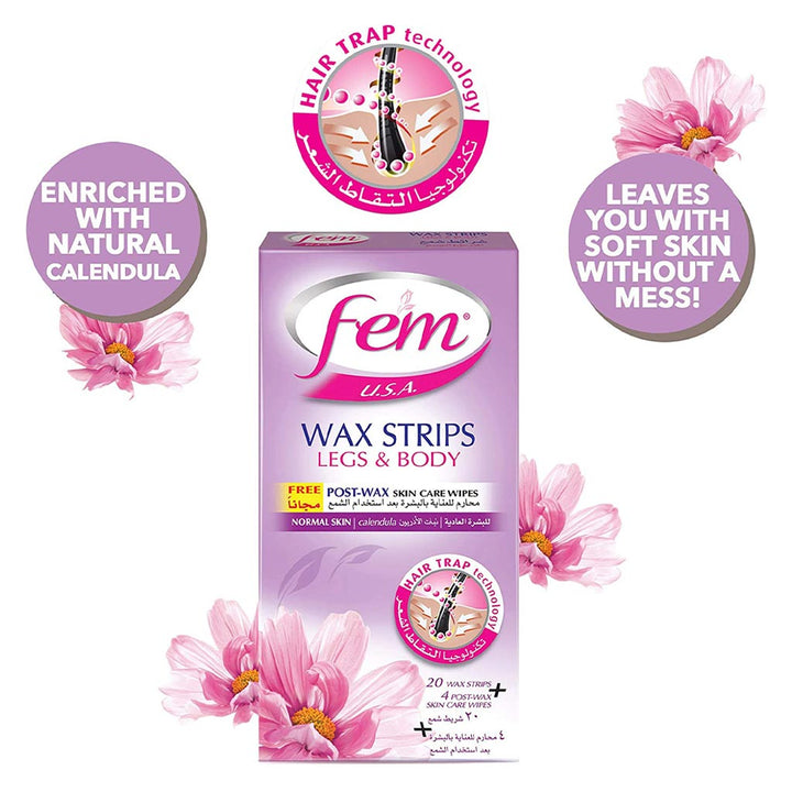 Fem USA Legs & Body Wax Strips For Normal Skin 20's - Easy Pharmacy LLC
