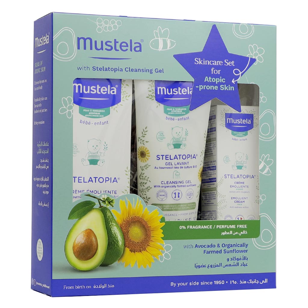 Mustela Baby Stelatopia Skincare Set With Mustela Stelatopia Emollient Face Cream + Mustela Stelatopia Emollient Cream + Mustela Stelatopia Cleansing Gel, For Atopic Prone Skin, Promo Pack of 3 Pieces - Easy Pharmacy LLC