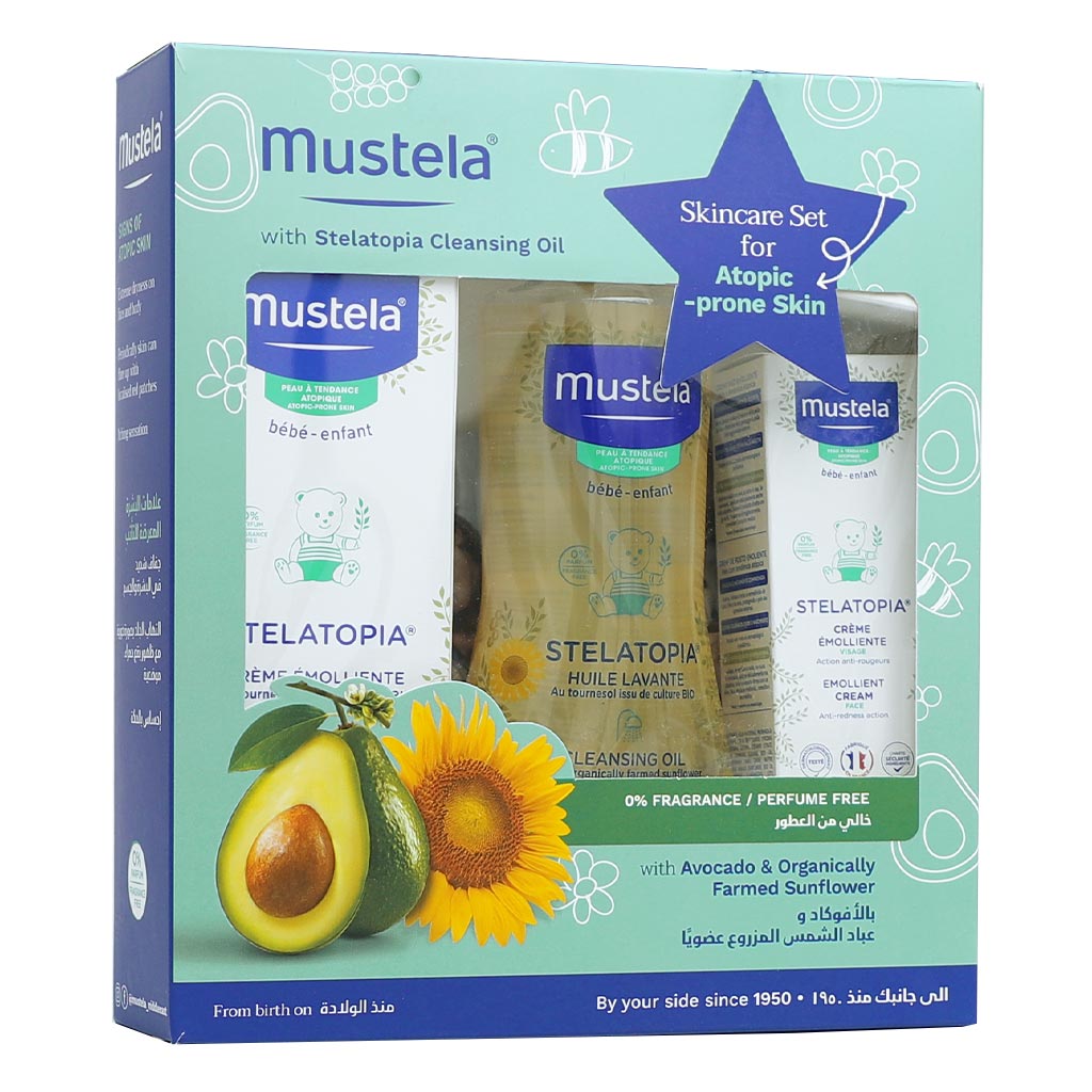 Mustela Baby Stelatopia Skincare Set With Mustela Stelatopia Emollient Face Cream + Mustela Stelatopia Emollient Cream + Mustela Stelatopia Cleansing Oil, For Atopic Prone Skin, Promo Pack of 3 Pieces - Easy Pharmacy LLC
