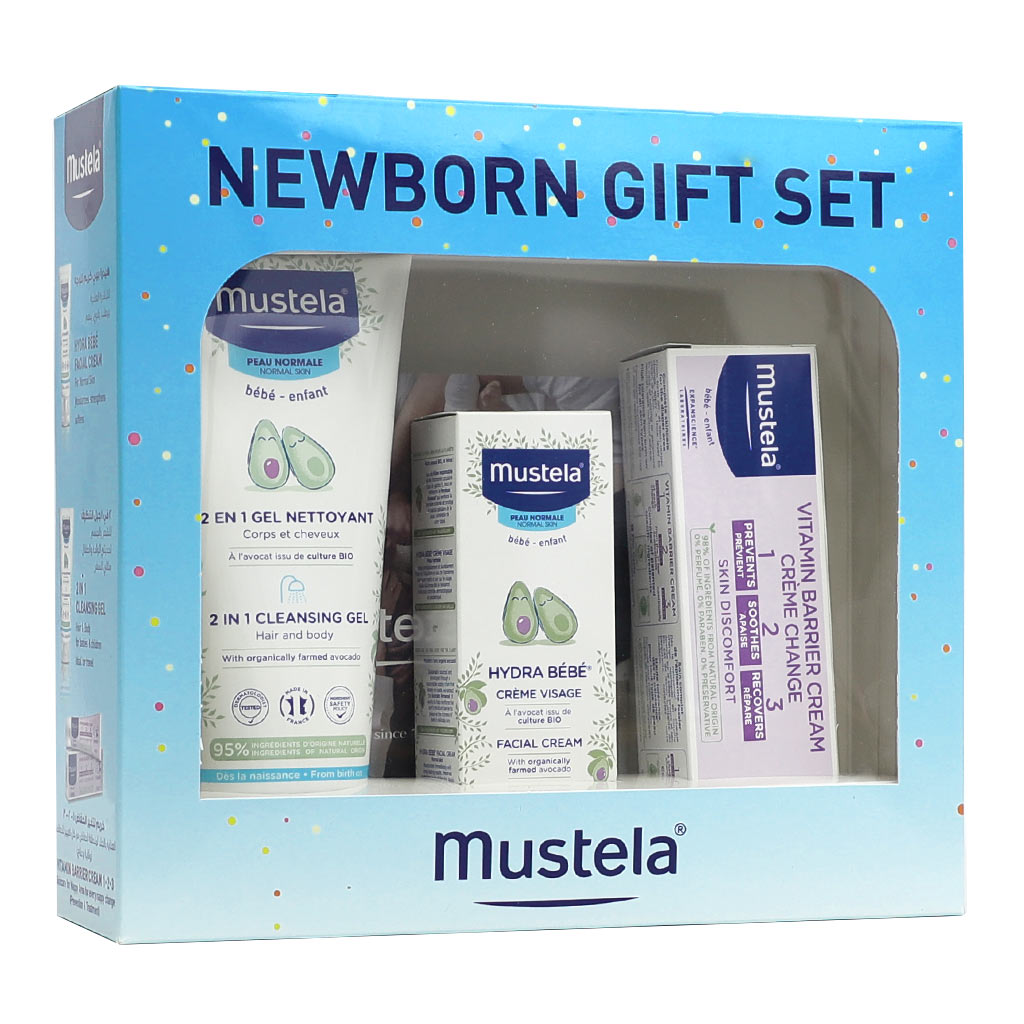 Mustela Baby Bath Time & Skincare Essentials, New Born Gift Set With Mustela Baby 2 in 1 cleansing gel For Hair & Body +  Mustela Baby Hydra Bebe Face Cream + Mustela 1 2 3 Vitamin Barrier Baby Nappy Cream For Diaper Rash, Promo Pack of 3 Pieces - Easy Pharmacy LLC