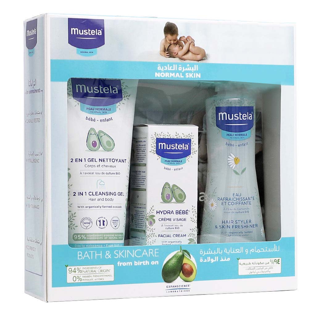 Mustela Baby Bath Time & Skincare Essentials For Normal Skin With Mustela Baby 2 in 1 Cleansing Gel + Mustela Baby Hydra Bebe Facial Cream + Mustela Baby Skin Freshener, Promo Pack of 3 pieces - Easy Pharmacy LLC