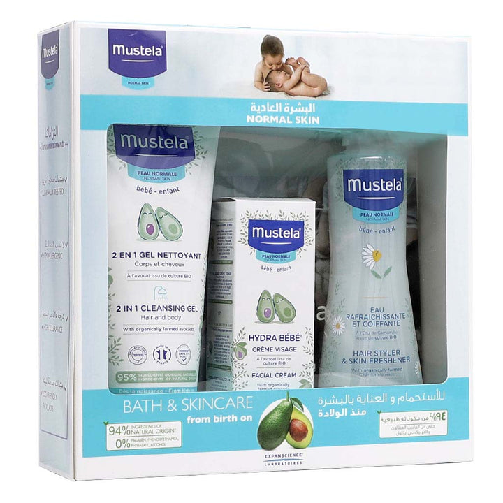 Mustela Baby Bath Time & Skincare Essentials For Normal Skin With Mustela Baby 2 in 1 Cleansing Gel + Mustela Baby Hydra Bebe Facial Cream + Mustela Baby Skin Freshener, Promo Pack of 3 pieces - Easy Pharmacy LLC