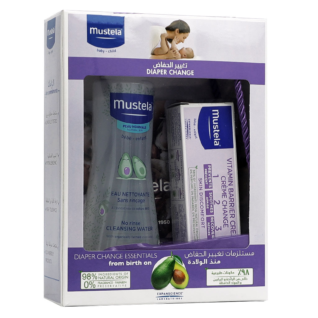 Mustela Baby Diaper Change Kit With Mustela 1 2 3 Vitamin Barrier Baby Nappy Cream & Mustela Baby No Rinse Cleansing Water, Promo Pack of 2 pieces - Easy Pharmacy LLC