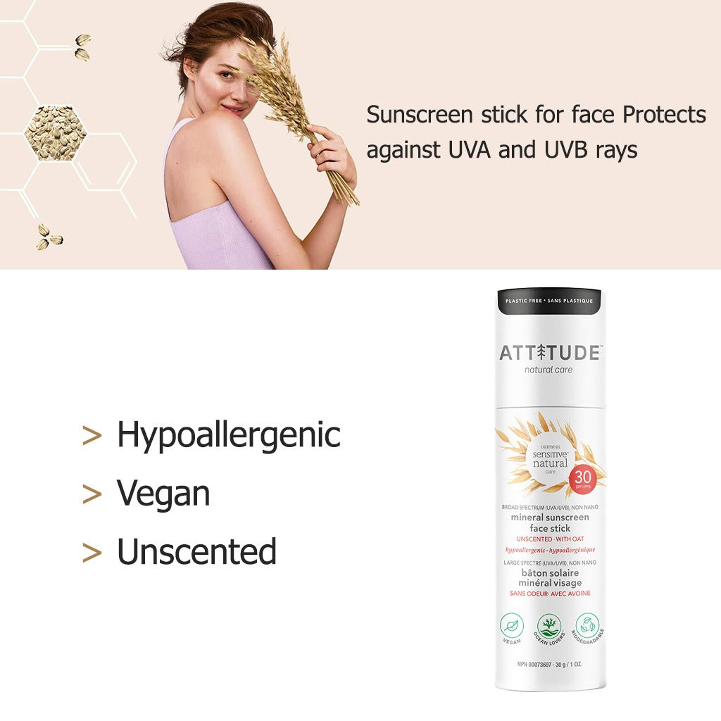Attitude Sensitive Natural Care SPF30 Mineral Sunscreen Face Stick Unscented 30g - Easy Pharmacy LLC