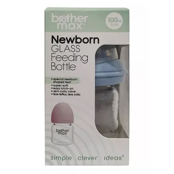Brother Max Newborn Glass Anticolic Feeding Bottle 100 mL + SS Teat Blue BM100B - Easy Pharmacy LLC