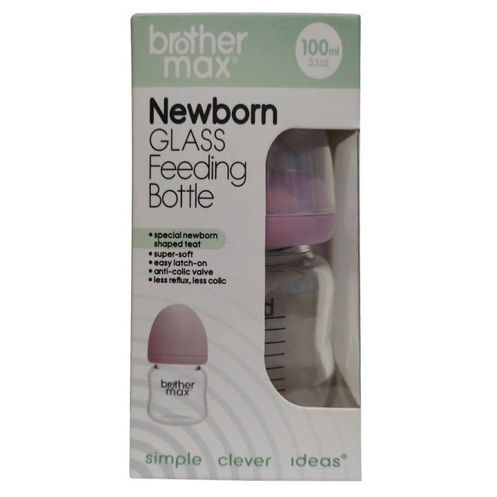 Brother Max Newborn Glass Anticolic Feeding Bottle 100 mL + SS Teat Pink BM100P - Easy Pharmacy LLC