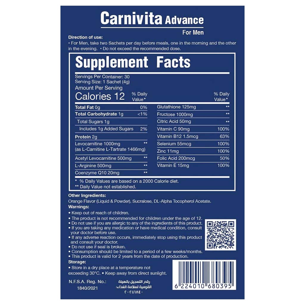 Eva Pharma Carnivita Advance Oral Powder Sachets For Men, Pack of 30's - Easy Pharmacy LLC