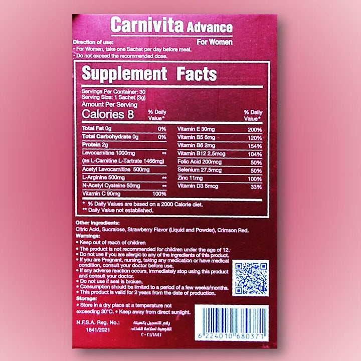 Eva Pharma Carnivita Advance Oral Powder Sachets For Women, Pack of 30's - Easy Pharmacy LLC