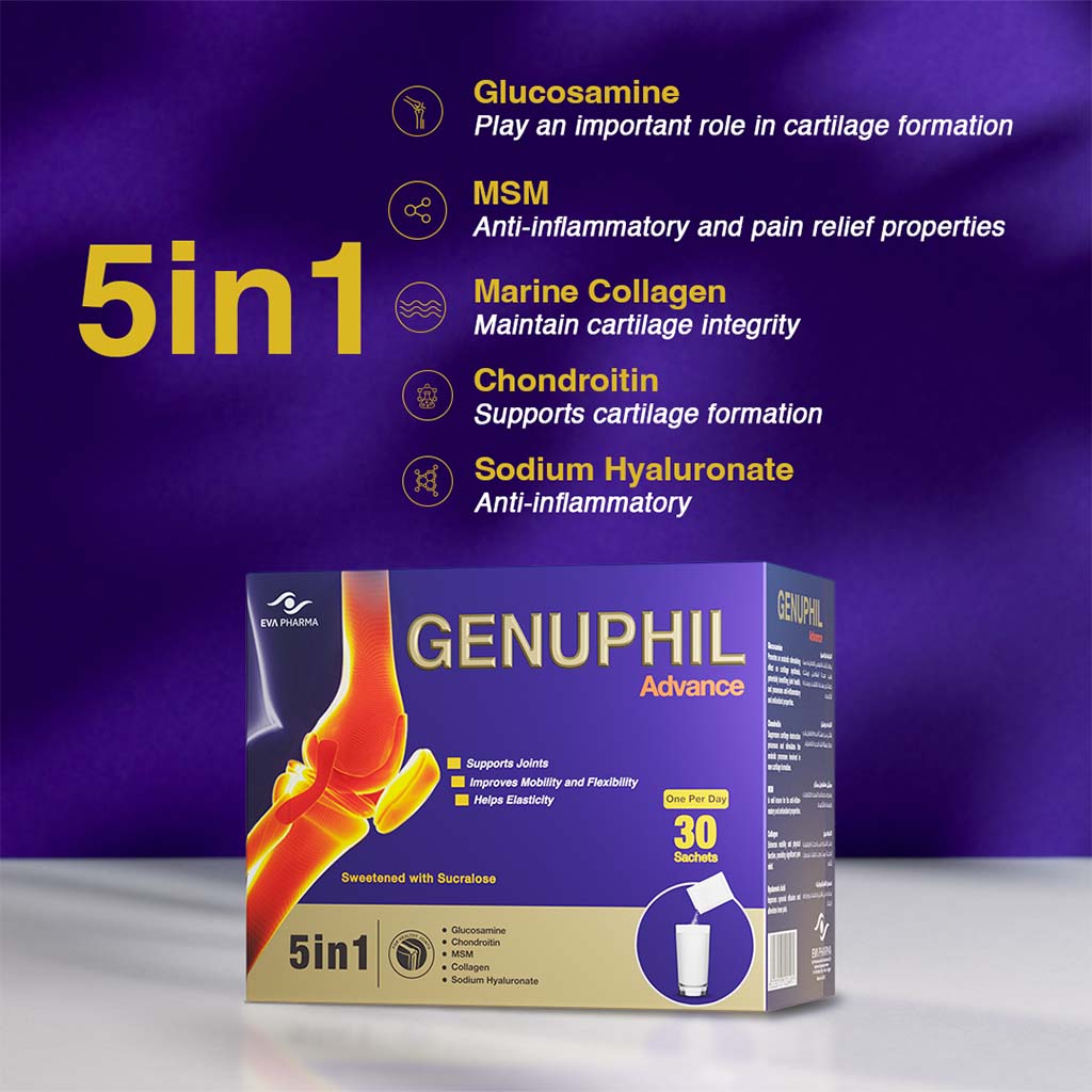 Eva Pharma Genuphil Advance 5-In-One Oral Powder Sachets For Healthy Joints, Pack of 30's - Easy Pharmacy LLC
