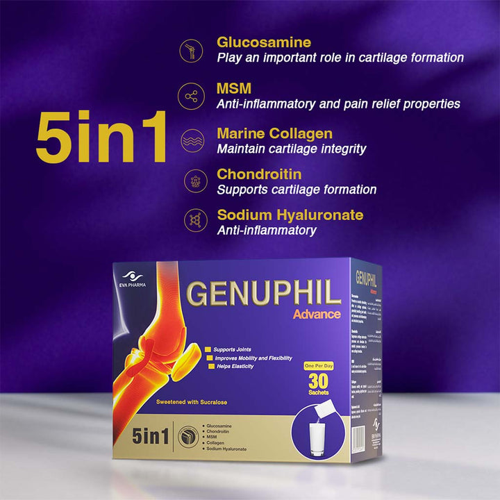 Eva Pharma Genuphil Advance 5-In-One Oral Powder Sachets For Healthy Joints, Pack of 30's - Easy Pharmacy LLC