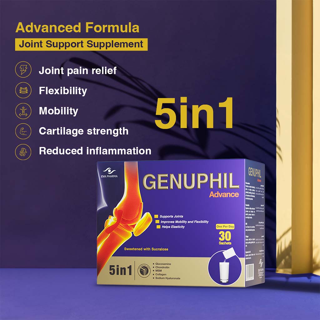 Eva Pharma Genuphil Advance 5-In-One Oral Powder Sachets For Healthy Joints, Pack of 30's - Easy Pharmacy LLC