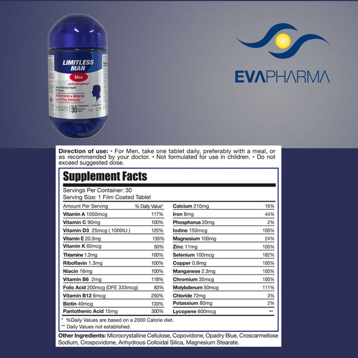 Eva Pharma Limitless Man Max Multivitamins & Minerals Supplement Tablets, Pack of 30's - Easy Pharmacy LLC