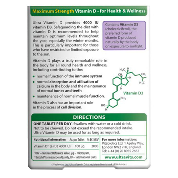 Vitabiotics Ultra Vitamin D3 4000IU Maximum Strength Tablets For Healthy Immune System, Pack of 96's - Easy Pharmacy LLC