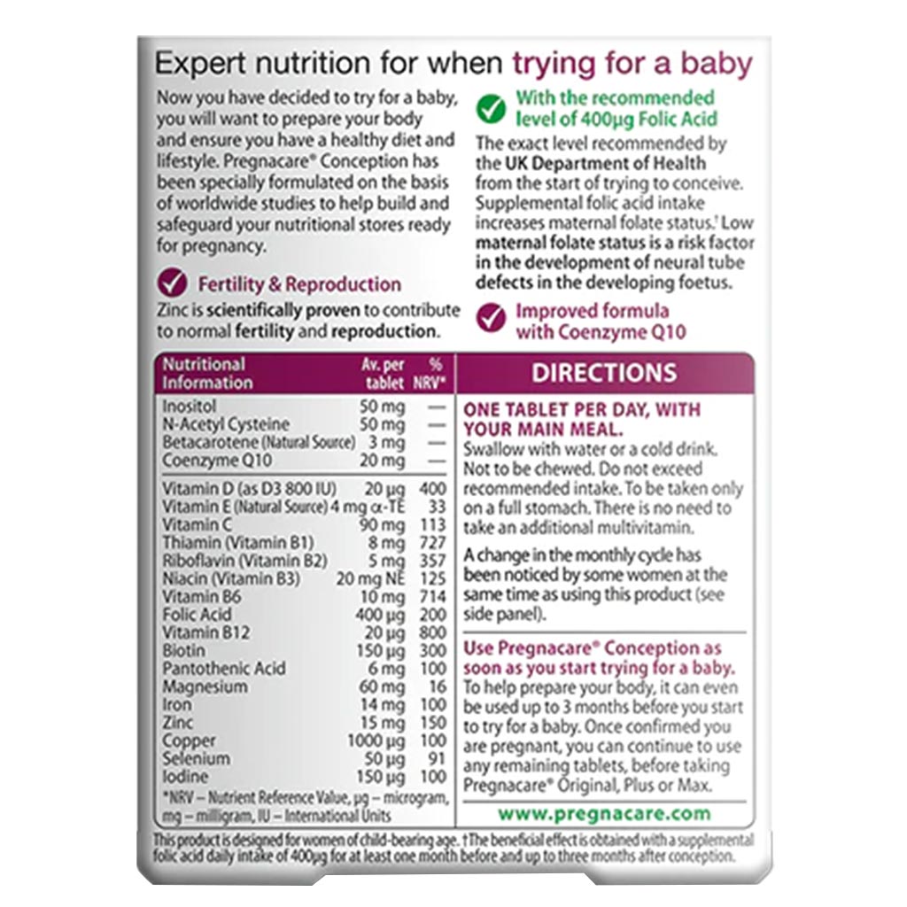 Vitabiotics Pregnacare Before Conception Prenatal Tablets With Folic Acid For Normal Fertility And Reproduction, Pack of 30's - Easy Pharmacy LLC