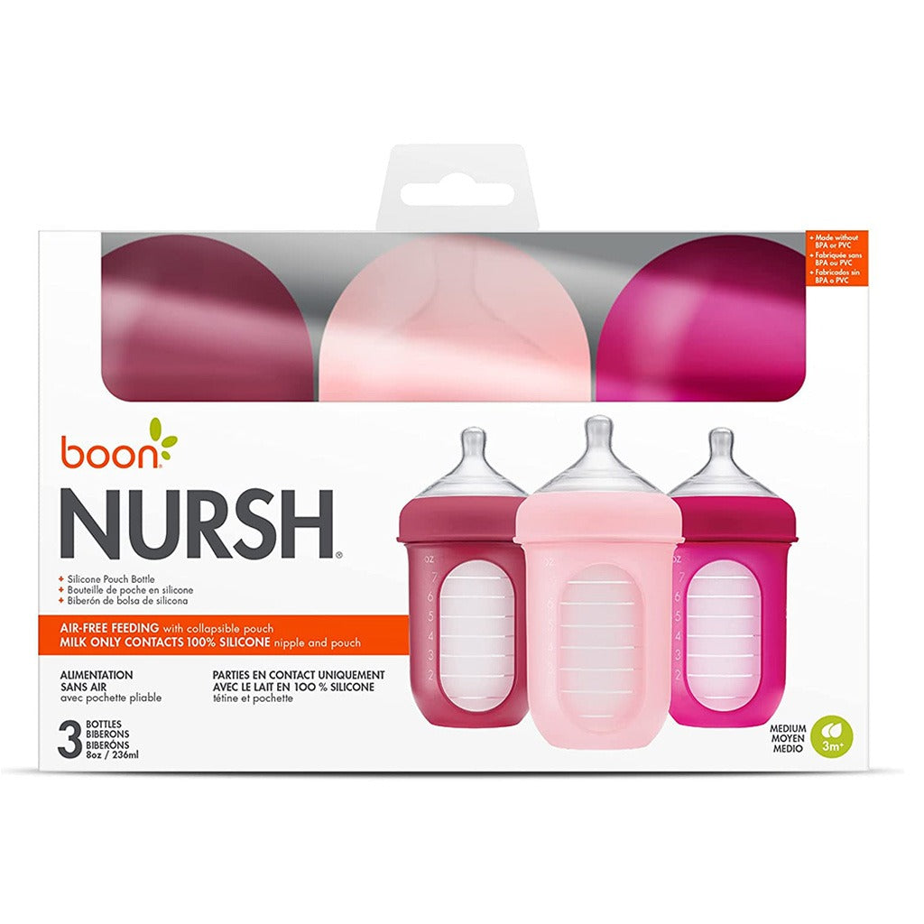 Boon Nursh 3 Months+ Feeding Bottle Pink Multi 236ml, 3's - Easy Pharmacy LLC