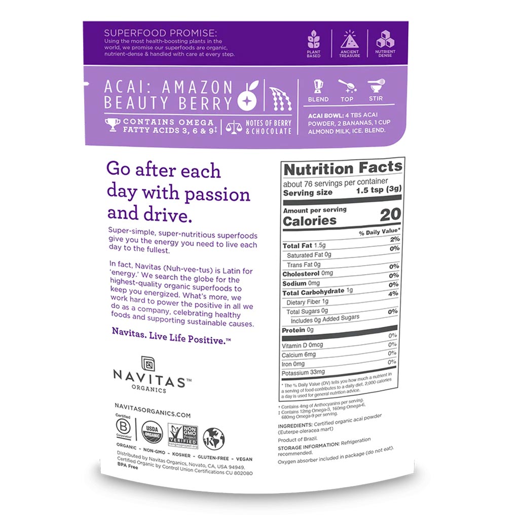 Navitas Organics Plant based Superfood Organic Acai Berry Powder 227g - Easy Pharmacy LLC