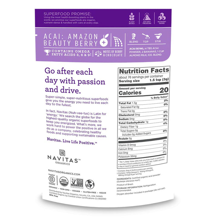Navitas Organics Plant based Superfood Organic Acai Berry Powder 227g - Easy Pharmacy LLC