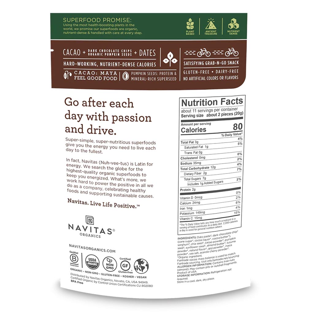 Navitas Organics Organic Dark Chocolate + Cacao + Dates Power Snack 227 g - Easy Pharmacy LLC