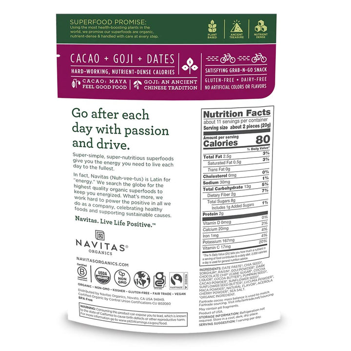 Navitas Organics Plant based Superfood Organic Cacoa + Goji + Dates Power Snack 227g - Easy Pharmacy LLC