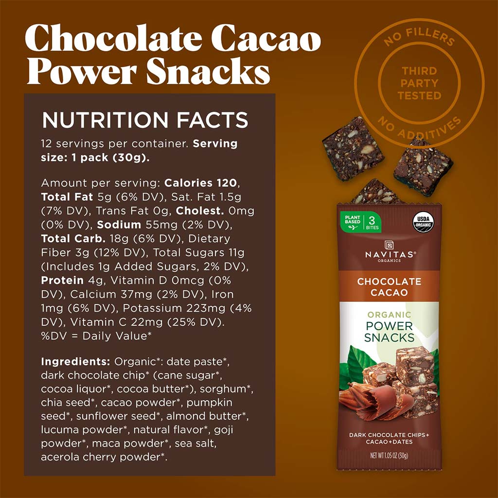 Navitas Organics Organic Dark Chocolate + Cacao + Dates Power Snacks 30g, 12's - Easy Pharmacy LLC