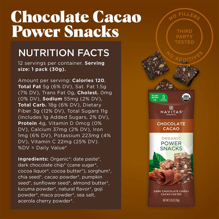 Navitas Organics Organic Dark Chocolate + Cacao + Dates Power Snacks 30g, 12's - Easy Pharmacy LLC