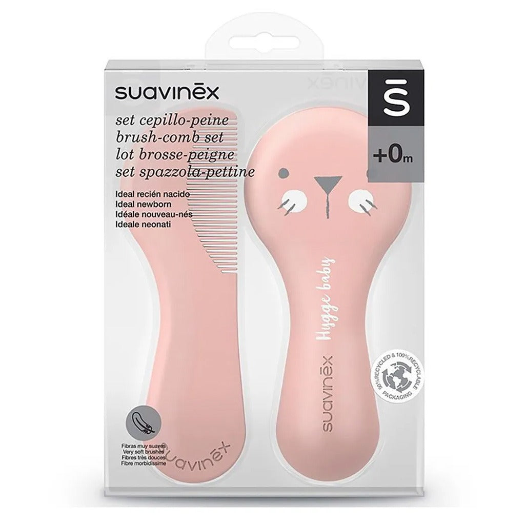 Suavinex Hygge Soft Bristles Brush & Comb Set For 0 Months+ Baby - Pink, Pack of 2 Pieces - Easy Pharmacy LLC