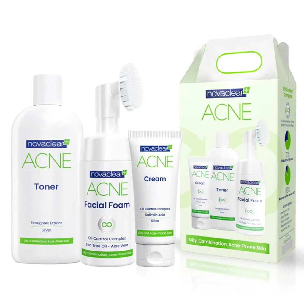 Novaclear Acne Kit With Acne Facial Foam 100ml + Acne Toner 150ml + Acne Cream For Oily, Combination & Acne-Prone Skin 40ml - Easy Pharmacy LLC