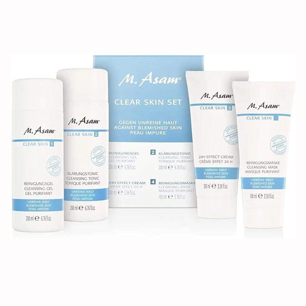 M. Asam Clear Skin Facial Cleansing Set Against Pimples And Blemishes, Pack of 4 (Cleansing Gel + Cleansing Tonic + Cleansing Mask + 24 hour Effect cream) - Easy Pharmacy LLC